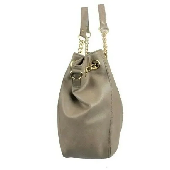 BEBE Tote Shopper Bag Lg Vegan Leather Gold Tone Chain Dark Beige Style Whitney